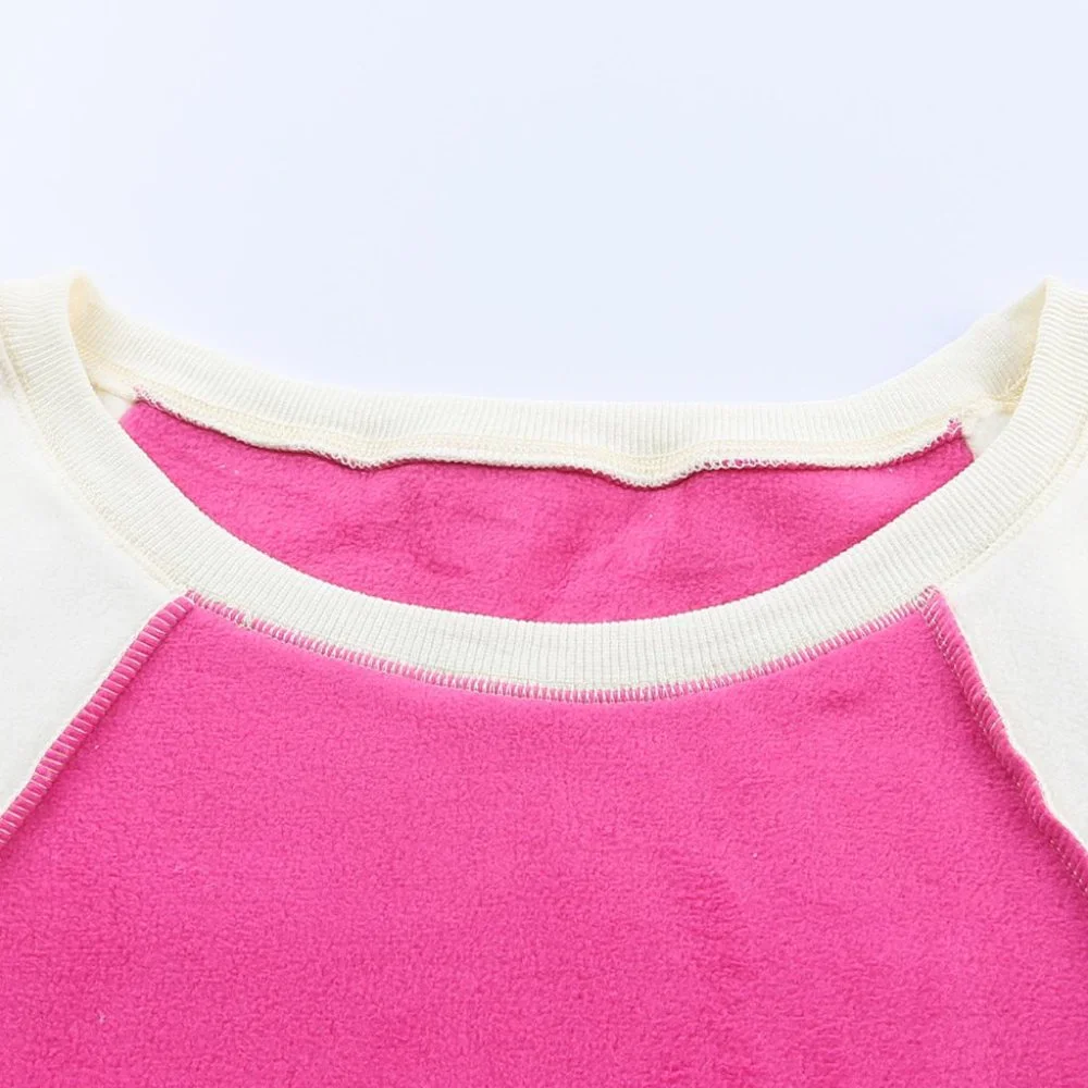 Rose Colorblock Long Sleeve Pullover Fleece Sweatshirt - Picture 12 of 16
